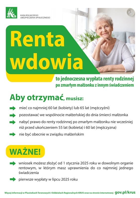 Plakat z&nbsp;ż&oacute;łtym napisem "renta wdowia" na&nbsp;prawo od napisu obrazek starszej pani