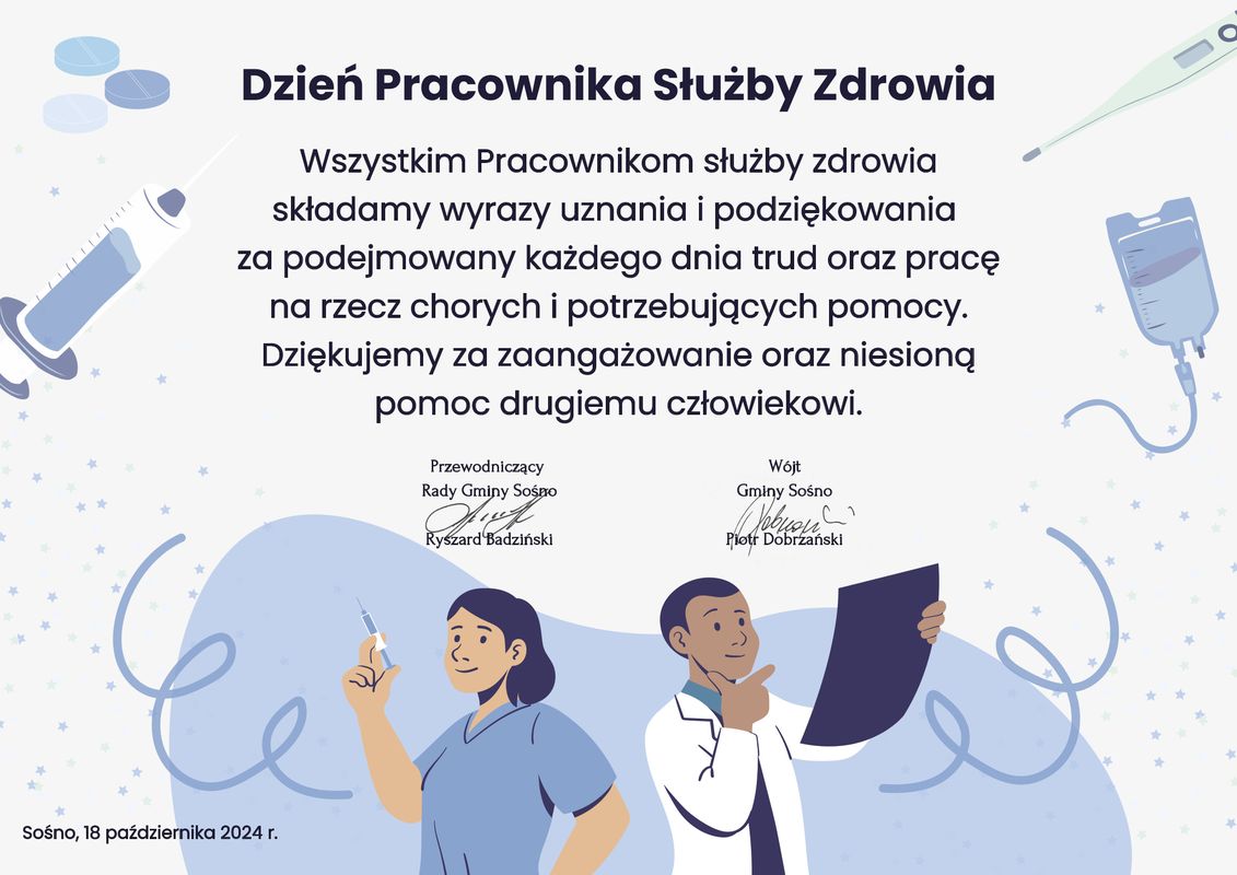 Życzenia od w&oacute;jta i&nbsp;przewodniczącego z&nbsp;okazji Dnia Pracownika Służby Zdrowia. Poniżej grafiki lekarza i&nbsp;pielęgniarki.