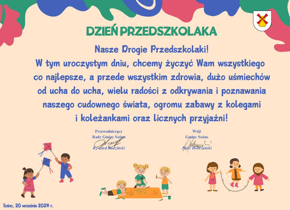 Życzenia z&nbsp;okazji dnia przedszkolaka od przewodniczącego rady i&nbsp;w&oacute;jta. Kolorowe tło z&nbsp;ozdobnymi grafikami bawiących się dzieci