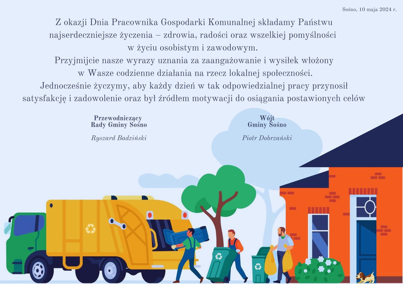 Życzenia dla pracowników Gospodarki Komunalnej Poniżej pracownicy opróżniają śmietniki w śmieciarce