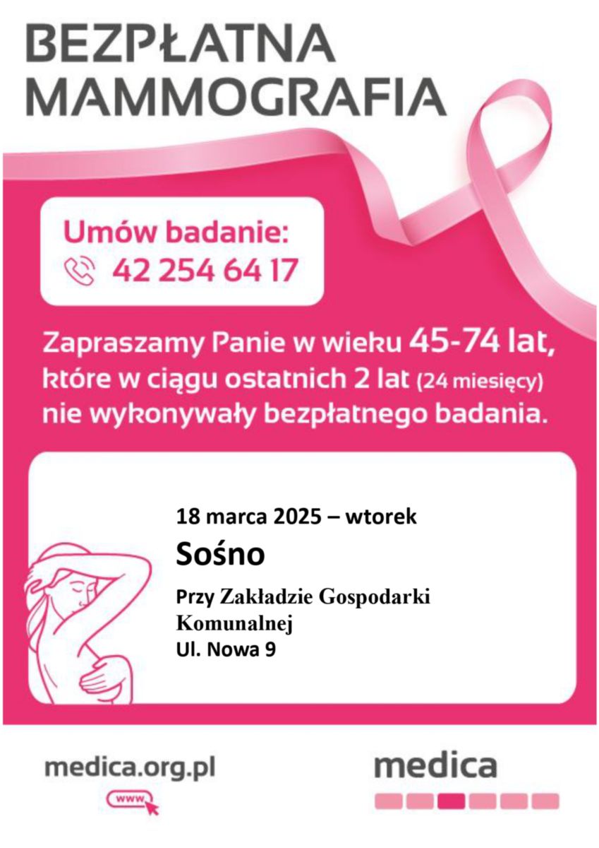 Plakat z&nbsp;napisem  "BEZPŁATNA MAMOGRAFIA" niżej napis "Um&oacute;w badanie: 42 254 64 17"