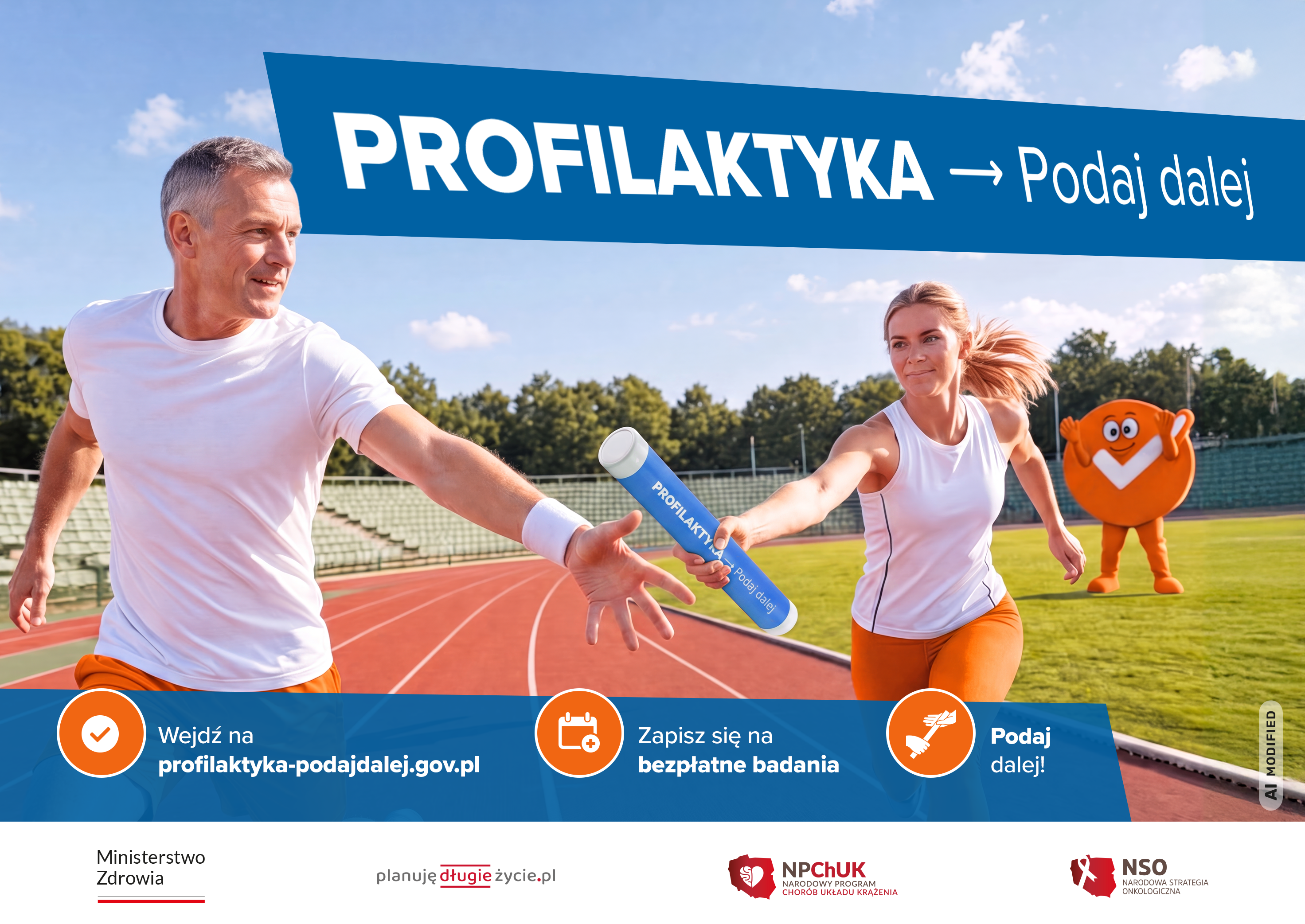 Grafika kampanii &bdquo;Profilaktyka &ndash; Podaj dalej&rdquo; przedstawia kobietę i&nbsp;mężczyznę podczas biegu na&nbsp;stadionie, przekazujących sobie niebieską pałeczkę z&nbsp;napisem &bdquo;Profilaktyka &ndash; Podaj dalej&rdquo;. W tle znajduje się pomarańczowa maskotka kampanii. U g&oacute;ry widnieje hasło &bdquo;PROFILAKTYKA &rarr; Podaj dalej&rdquo;, a&nbsp;na dole informacje zachęcające do odwiedzenia strony profilaktyka-podajdalej.gov.pl i&nbsp;zapisania się na&nbsp;bezpłatne badania. Grafika zawiera r&oacute;wnież logotypy Ministerstwa Zdrowia oraz&nbsp;partner&oacute;w kampanii.