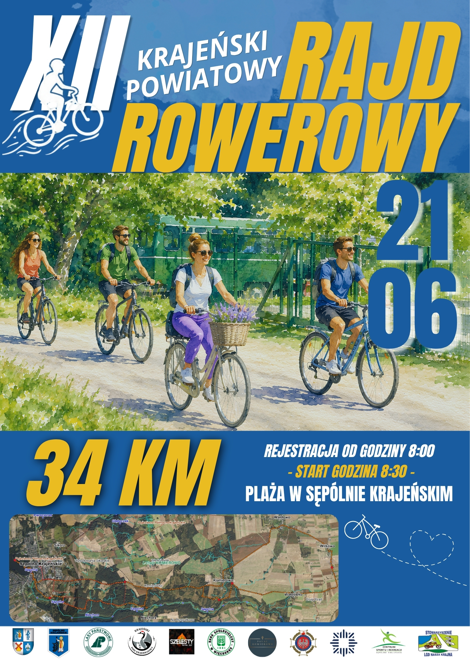 Plakat informuje o&nbsp;wydarzeniu &bdquo;XII Krajeński Powiatowy Rajd Rowerowy&rdquo;. Zawiera datę 21.06, dystans 34 km, godziny: rejestracja 8:00, start 8:30, miejsce: plaża w&nbsp;Sęp&oacute;lnie Krajeńskim. W centralnej części znajduje się zdjęcie czterech rowerzyst&oacute;w jadących słoneczną, zieloną trasą. Na dole widoczna jest mapa trasy oraz&nbsp;logotypy organizator&oacute;w.