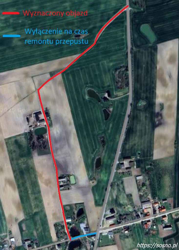 Widok satelitarny z aplikacji google maps planowanego remontu przepustu i drogi gminnej 020314C na działce nr ewid. 112, obręb Dębiny