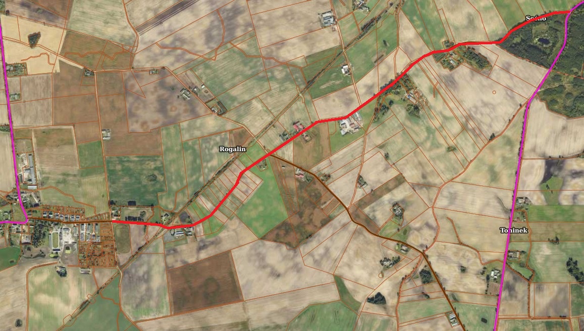 Widok mapy z&nbsp;satelity pokazujący zaplanowane prace na&nbsp;odcinku Rogalin - Dębowiec
