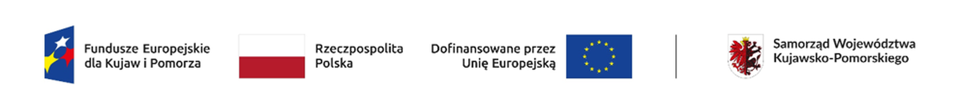 Cztery logotypy ułożone w&nbsp;jednym rzędzie: Fundusze Europejskie dla Kujaw i&nbsp;Pomorza, flaga Polski, flaga Unii Europejskiej oraz&nbsp;herb Kujawsko‑Pomorskiego z&nbsp;czerwonym gryfem.