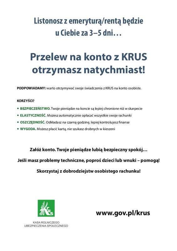 Informacja zachęcająca emeryt&oacute;w do założenia kont bankowych do obsługi swoich świadczeń.