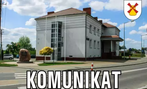 Biały napis Komunikat na szarym pasku w tle budynek UG Sośno i logo Gminy Sośno w prawym górnym rogu