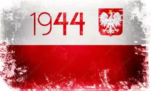 Biało-czerwona flaga Polski z czerwonym napisem 1944 i godłem Polski
