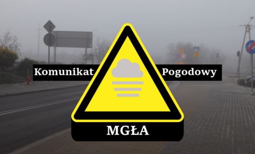 Znak ostrzegawczy z grafiką chmury i trzech kresek symbolizujących mgłę. U góry napis komunikat pogodowy poniżej mgła. W tle widok drogi z nachodzącą mgłą.