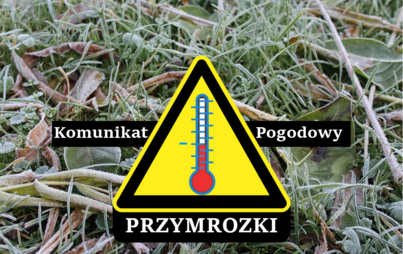 Znak ostrzegawczy z grafiką przedstawiającą termometr. Napis komunikat pogodowy przymrozki. W tle zdjęcie zmarzniętej trawy