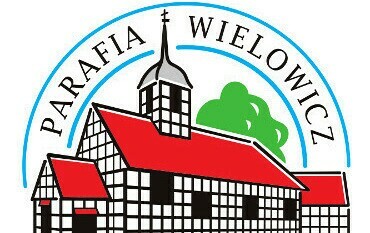 Logo Parafii Wielowicz - ikonograficzne przxedstawienie budyku kościoła w Wielowiczu z napisem okólnym Parafia Wielowicz