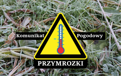 Znak ostrzegawczy z grafiką przedstawiającą termometr. Napis komunikat pogodowy przymrozki. W tle zdjęcie zmarzniętej trawy
