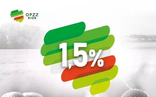 Napis "1,5%" na tle loga OPZZ Rolników i Organizacji Rolniczych