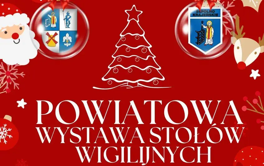 Plakat promujący Powiatową Wystawę Stołów Wigilijnych – czerwone tło z motywami świątecznymi: Mikołaj, renifer, bombki, śnieżynki i choinka. Informacja o wydarzeniu: Sobota, 13 grudnia, godz. 11:00, Centrum Sportu i Rekreacji w Sępólnie Krajeńskim. Zapras