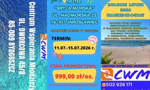 Kolorowa grafika promująca kolonie letnie 2026 organizowane przez Centrum Wspierania Młodzieży. Tło w odcieniach błękitu i żółci nawiązuje do plaży i morza. Wokół widoczne są ilustracje morskich zwierząt: żółwia, kraba, rozgwiazdy i muszli. Po lewej stron