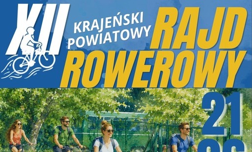 Plakat informuje o wydarzeniu „XII Krajeński Powiatowy Rajd Rowerowy”. Zawiera datę 21.06, dystans 34 km, godziny: rejestracja 8:00, start 8:30, miejsce: plaża w Sępólnie Krajeńskim. W centralnej części znajduje się zdjęcie czterech rowerzystów jadących s