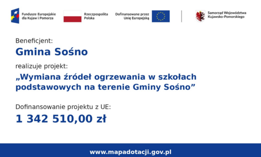 Grafika z czterema logotypami instytucji publicznych u góry oraz tekstem informującym, że Gmina Sośno realizuje projekt „Wymiana źródeł ogrzewania w szkołach podstawowych na terenie Gminy Sośno”, z dofinansowaniem UE w wysokości 1 342 510 zł i adresem str