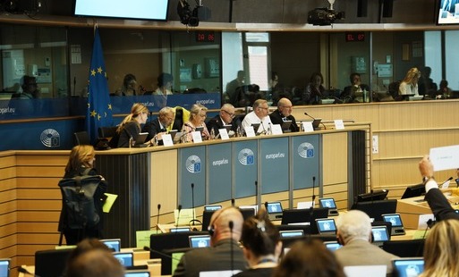 Posiedzenie komisji Parlamentu Europejskiego w Brukseli. Przy stole prezydialnym siedzą uczestnicy spotkania, a w tle widoczna jest flaga Unii Europejskiej.