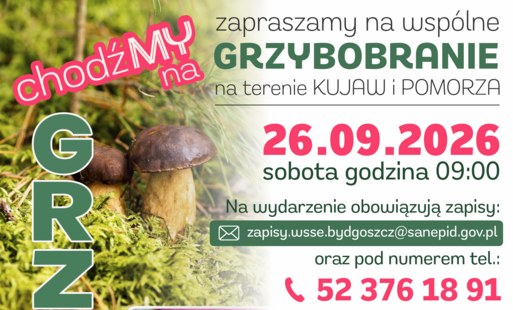 Plakat zapraszający na wspólne grzybobranie na terenie Kujaw i Pomorza, organizowane 26 września 2026 roku (sobota) o godzinie 9:00. Na plakacie znajduje się zdjęcie grzybów w lesie oraz zdjęcie osoby trzymającej zebrane grzyby. Informacje o zapisach: zapisy.wsse.bydgoszcz@sanepid.gov.pl oraz tel. 52 376 18 91. Plakat zawiera również kod QR i napis „GRZYBOBRANIE”.