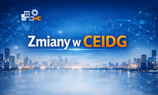 Grafika przedstawia napis „Zmiany w CEIDG” na tle niebieskiego miasta z elementami sieci cyfrowej. Tekst jest biało‑pomarańczowy, umieszczony centralnie. 