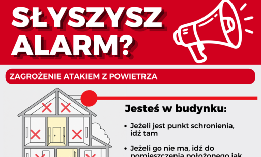 Plakat informacyjny dotyczący zasad postępowania po usłyszeniu alarmu. Materiał przedstawia zasady dla osób znajdujących się w budynku oraz na zewnątrz. W budynku należy udać się do punktu schronienia, a jeśli go nie ma – do możliwie najniżej położonego pomieszczenia, np. odpowiednio przygotowanej piwnicy lub garażu podziemnego, albo pomieszczenia bez okien, oddzielonego od zewnątrz dwiema ścianami. Należy poruszać się wyłącznie schodami. Osoby znajdujące się na zewnątrz powinny udać się do najbliższego punktu schronienia. Można skorzystać z aplikacji gdziesieukryc.pl oraz odpowiednio przygotowanych garaży podziemnych, piwnic, tuneli lub przejść podziemnych. Plakat dotyczy zagrożenia atakiem z powietrza.